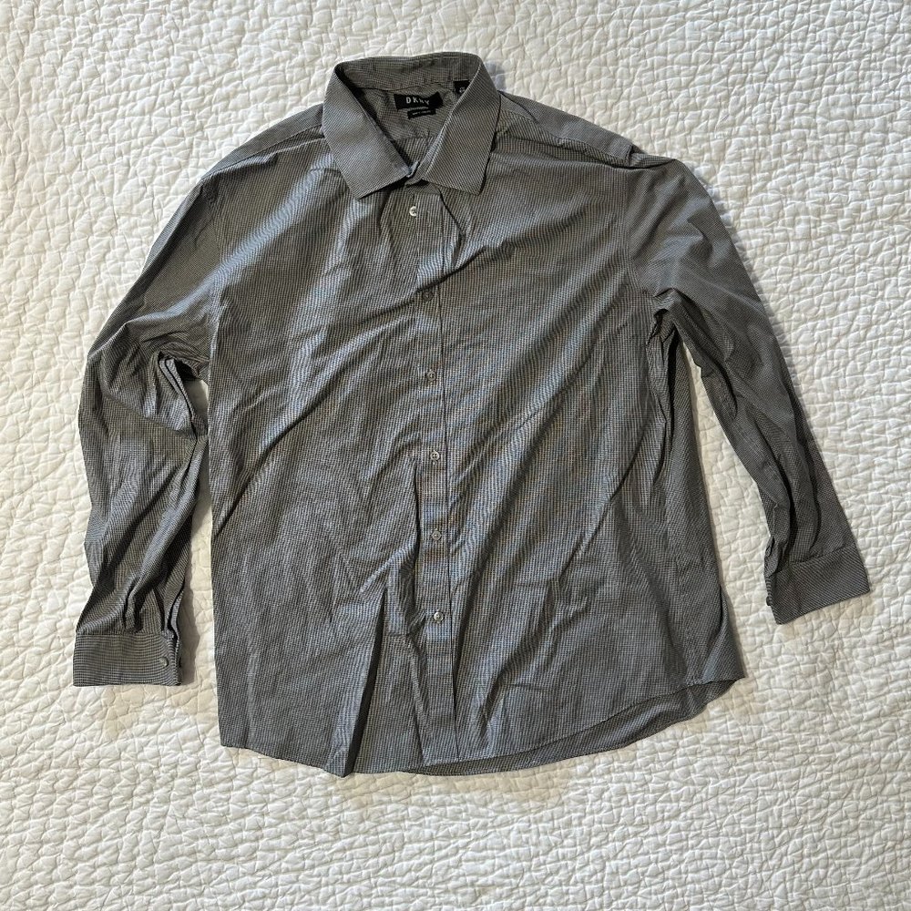DKNY - Men's Slim Fit Stretch Dress Button Down Shirt - XL (Checkered Grey)
